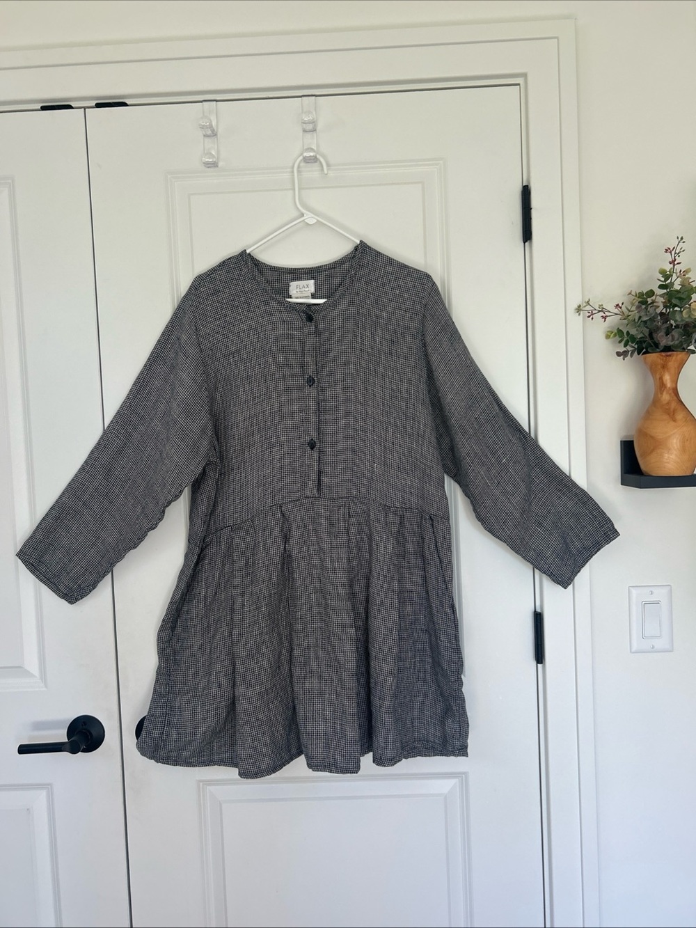 RARE Vtg FLAX by Angelheart size M Linen Mini Check Tunic Dress w/ Pockets